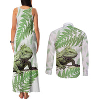 Green New Zealand Tuatara Couples Matching Tank Maxi Dress and Long Sleeve Button Shirt Aotearoa Sphenodon Punctatus Silver Fern LT14 - Polynesian Pride