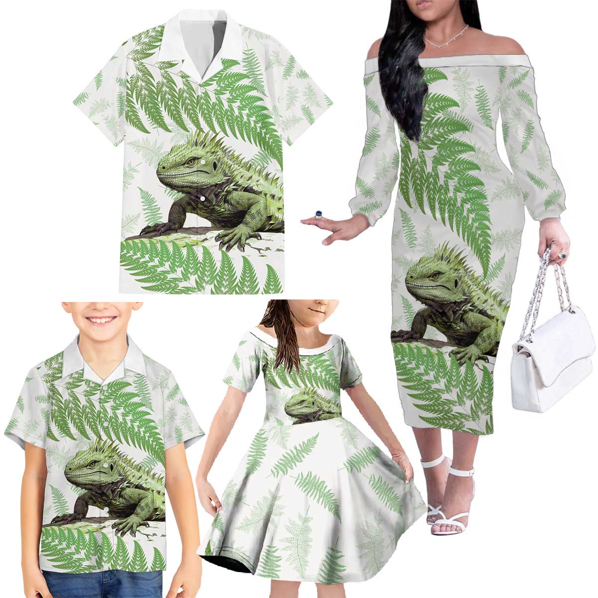 Green New Zealand Tuatara Family Matching Off The Shoulder Long Sleeve Dress and Hawaiian Shirt Aotearoa Sphenodon Punctatus Silver Fern LT14 - Polynesian Pride