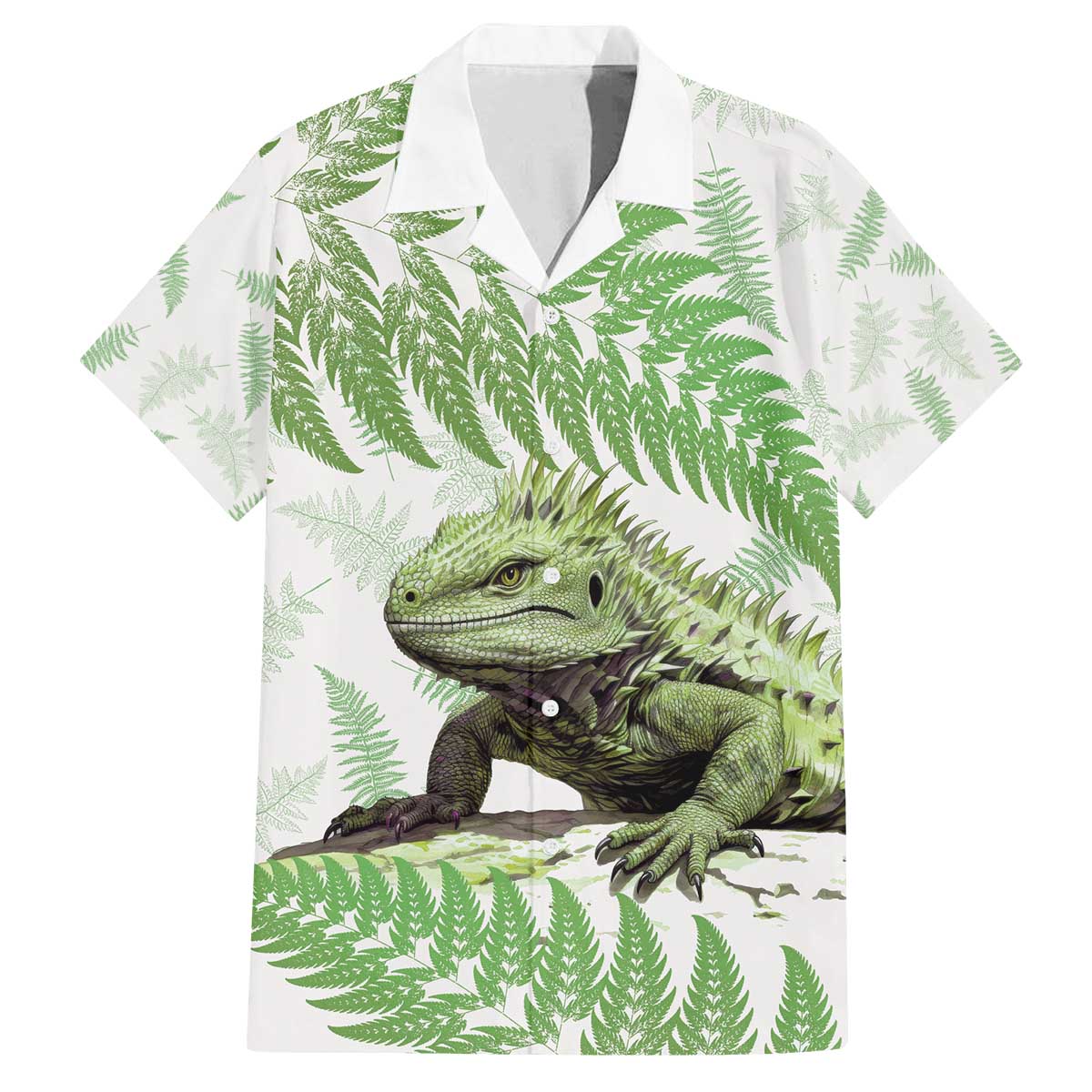 Green New Zealand Tuatara Family Matching Off The Shoulder Long Sleeve Dress and Hawaiian Shirt Aotearoa Sphenodon Punctatus Silver Fern LT14 Dad's Shirt - Short Sleeve Green - Polynesian Pride