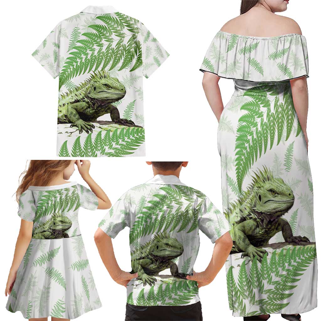 Green New Zealand Tuatara Family Matching Off Shoulder Maxi Dress and Hawaiian Shirt Aotearoa Sphenodon Punctatus Silver Fern LT14 - Polynesian Pride