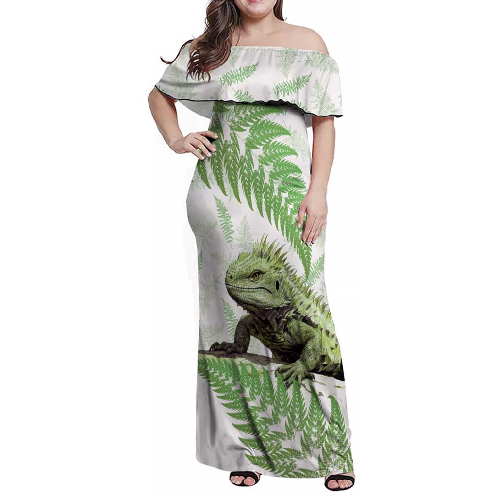Green New Zealand Tuatara Family Matching Off Shoulder Maxi Dress and Hawaiian Shirt Aotearoa Sphenodon Punctatus Silver Fern LT14 Mom's Dress Green - Polynesian Pride