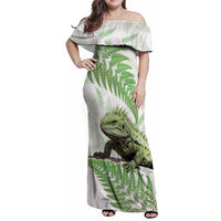 Green New Zealand Tuatara Family Matching Off Shoulder Maxi Dress and Hawaiian Shirt Aotearoa Sphenodon Punctatus Silver Fern LT14 Mom's Dress Green - Polynesian Pride
