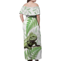 Green New Zealand Tuatara Family Matching Off Shoulder Maxi Dress and Hawaiian Shirt Aotearoa Sphenodon Punctatus Silver Fern LT14 - Polynesian Pride