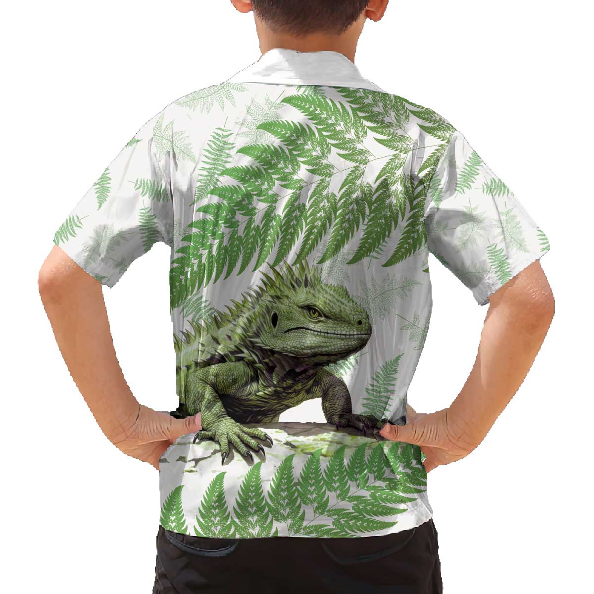 Green New Zealand Tuatara Family Matching Off Shoulder Short Dress and Hawaiian Shirt Aotearoa Sphenodon Punctatus Silver Fern LT14 - Polynesian Pride
