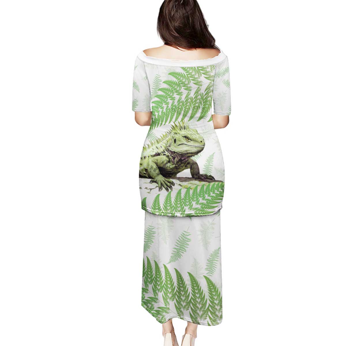 Green New Zealand Tuatara Family Matching Puletasi and Hawaiian Shirt Aotearoa Sphenodon Punctatus Silver Fern LT14 - Polynesian Pride