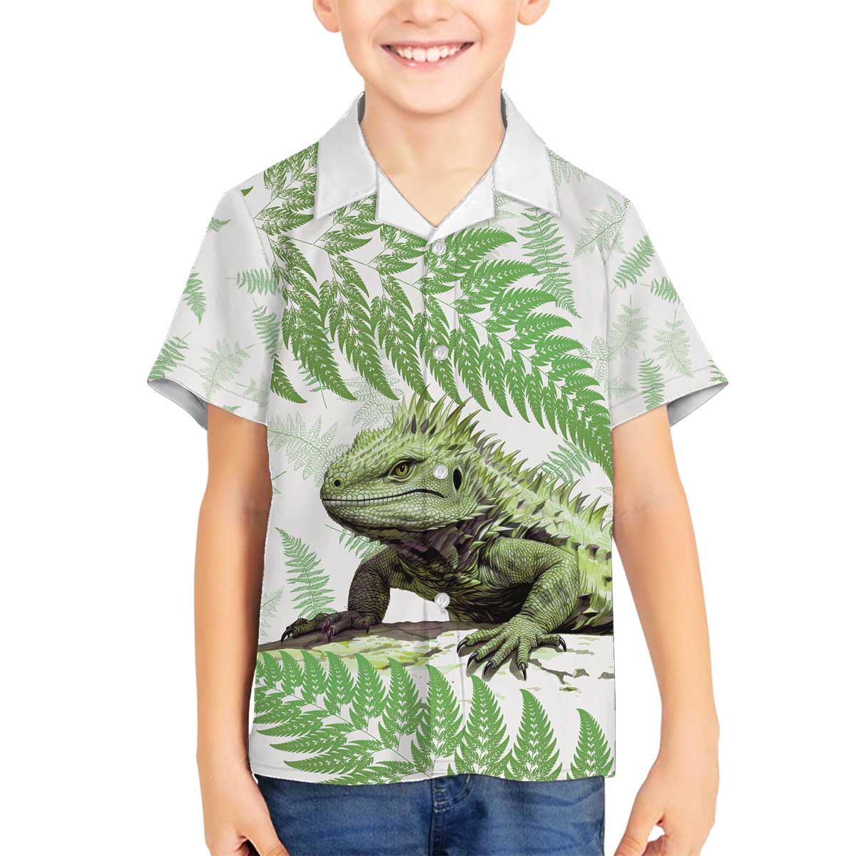 Green New Zealand Tuatara Family Matching Puletasi and Hawaiian Shirt Aotearoa Sphenodon Punctatus Silver Fern LT14 Son's Shirt Green - Polynesian Pride