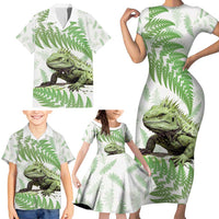 Green New Zealand Tuatara Family Matching Short Sleeve Bodycon Dress and Hawaiian Shirt Aotearoa Sphenodon Punctatus Silver Fern LT14 - Polynesian Pride