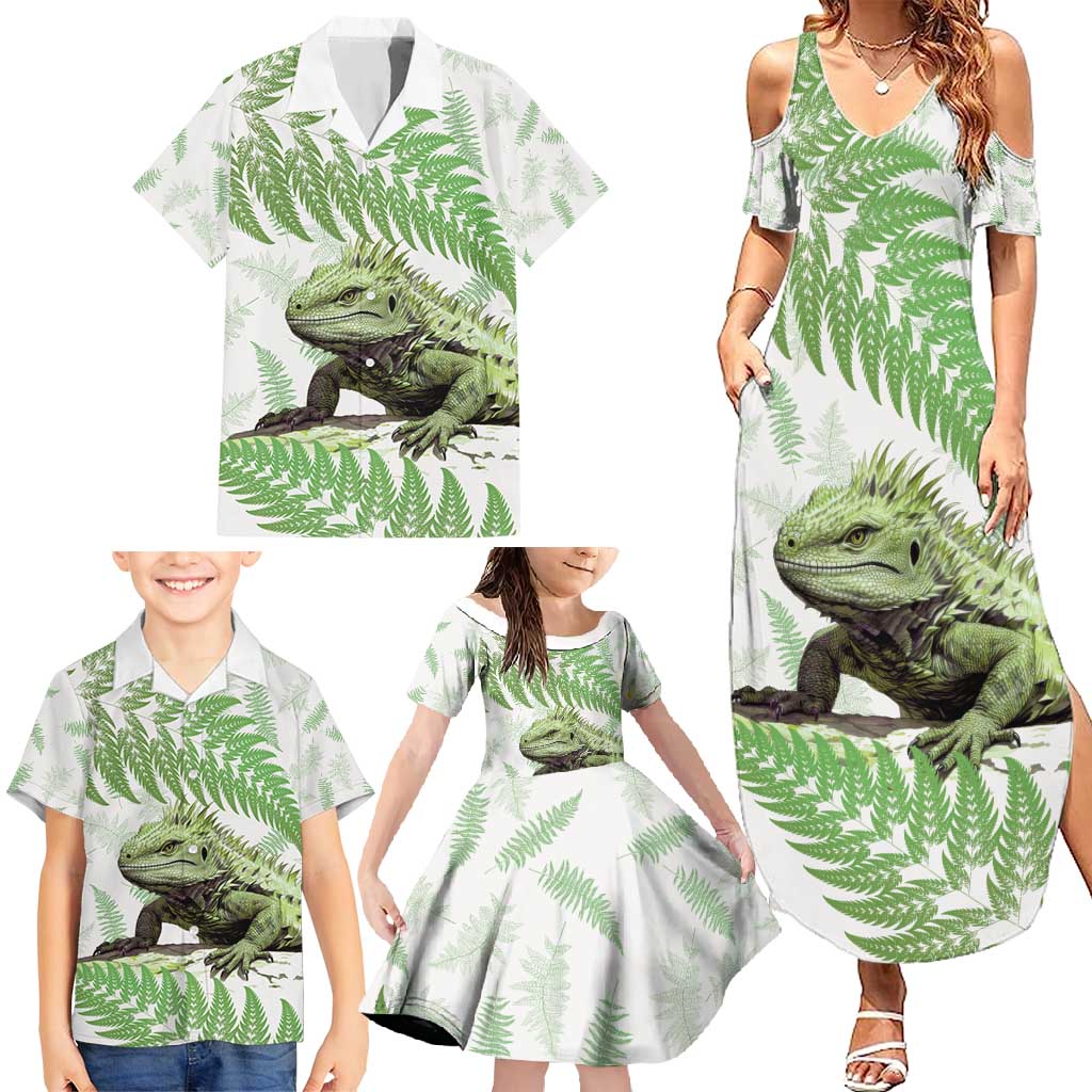 Green New Zealand Tuatara Family Matching Summer Maxi Dress and Hawaiian Shirt Aotearoa Sphenodon Punctatus Silver Fern LT14 - Polynesian Pride