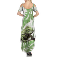 Green New Zealand Tuatara Family Matching Summer Maxi Dress and Hawaiian Shirt Aotearoa Sphenodon Punctatus Silver Fern LT14 - Polynesian Pride