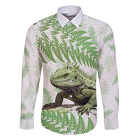 Green New Zealand Tuatara Family Matching Tank Maxi Dress and Hawaiian Shirt Aotearoa Sphenodon Punctatus Silver Fern LT14 Dad's Shirt - Long Sleeve Green - Polynesian Pride