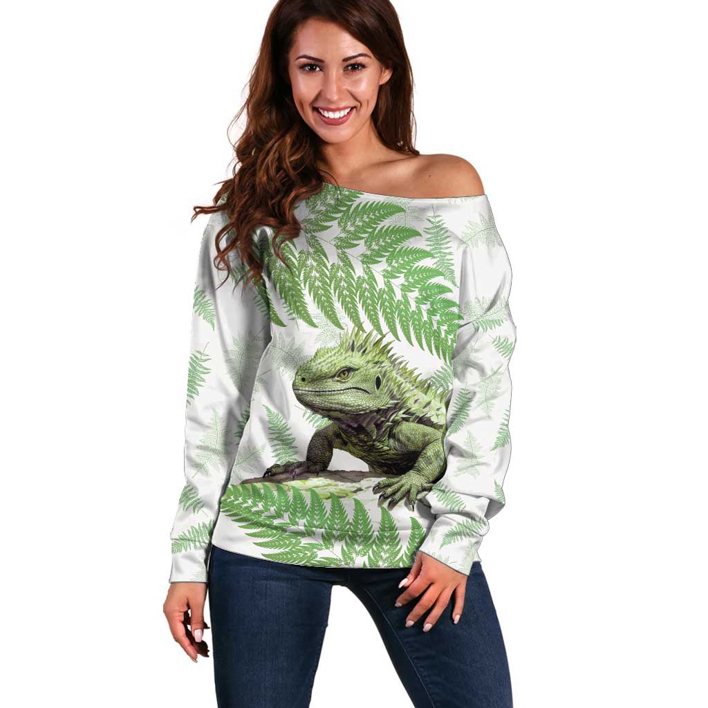 Green New Zealand Tuatara Off Shoulder Sweater Aotearoa Sphenodon Punctatus Silver Fern LT14 Women Green - Polynesian Pride