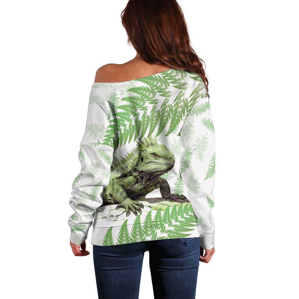 Green New Zealand Tuatara Off Shoulder Sweater Aotearoa Sphenodon Punctatus Silver Fern LT14 - Polynesian Pride