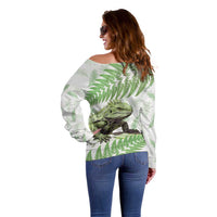 Green New Zealand Tuatara Off Shoulder Sweater Aotearoa Sphenodon Punctatus Silver Fern LT14 - Polynesian Pride