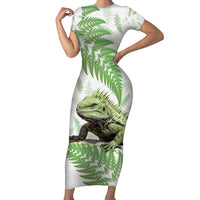 Green New Zealand Tuatara Short Sleeve Bodycon Dress Aotearoa Sphenodon Punctatus Silver Fern LT14 Long Dress Green - Polynesian Pride
