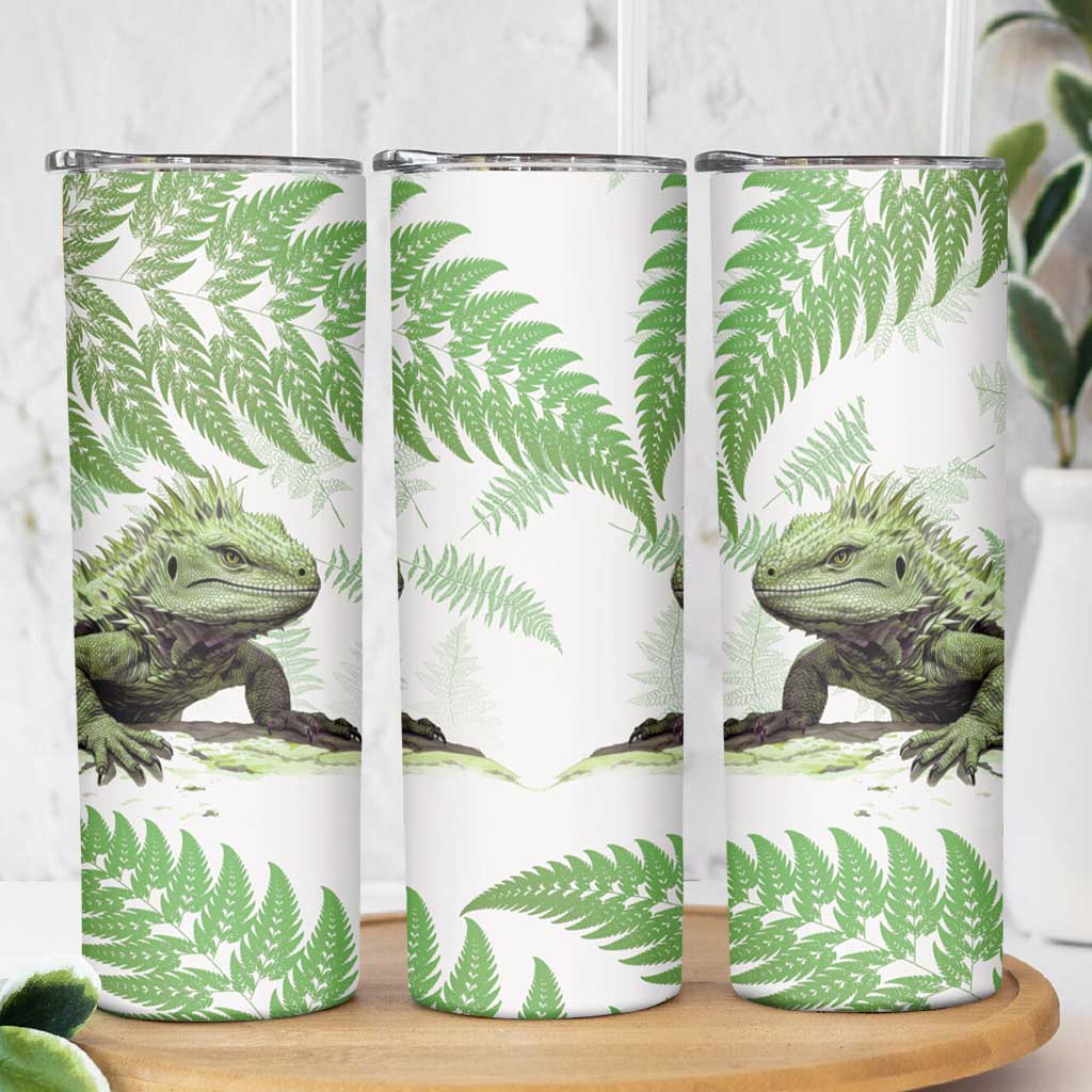 Green New Zealand Tuatara Skinny Tumbler Aotearoa Sphenodon Punctatus Silver Fern LT14 - Polynesian Pride