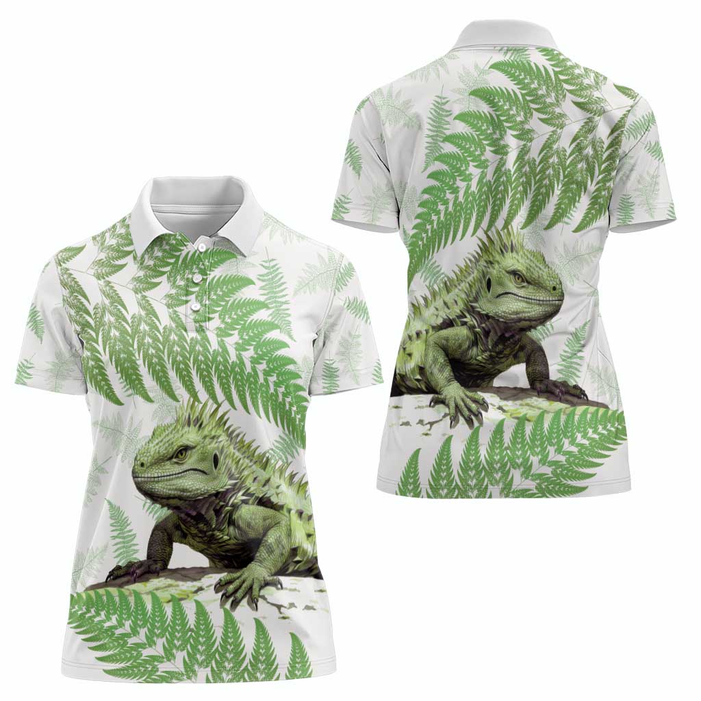 Green New Zealand Tuatara Women Polo Shirt Aotearoa Sphenodon Punctatus Silver Fern LT14 - Polynesian Pride