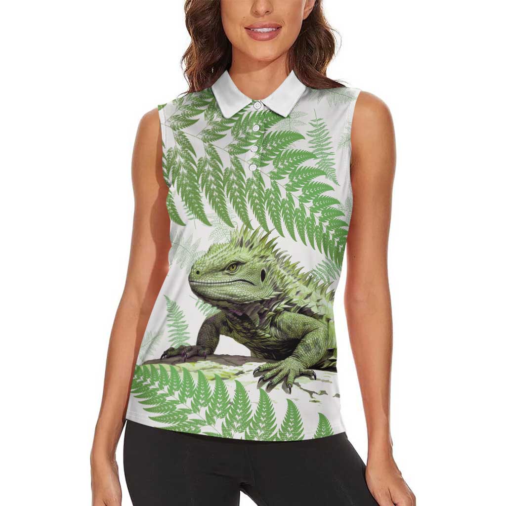 Green New Zealand Tuatara Women Sleeveless Polo Shirt Aotearoa Sphenodon Punctatus Silver Fern