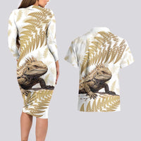 Gold New Zealand Tuatara Couples Matching Long Sleeve Bodycon Dress and Hawaiian Shirt Aotearoa Sphenodon Punctatus Silver Fern LT14 - Polynesian Pride