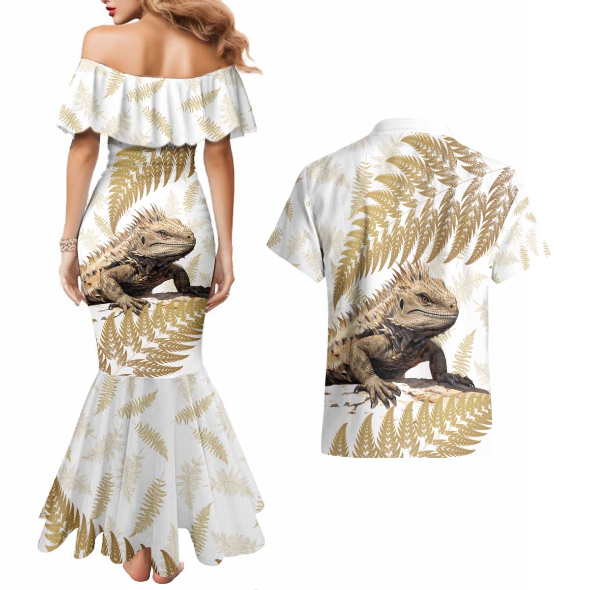 Gold New Zealand Tuatara Couples Matching Mermaid Dress and Hawaiian Shirt Aotearoa Sphenodon Punctatus Silver Fern LT14 - Polynesian Pride