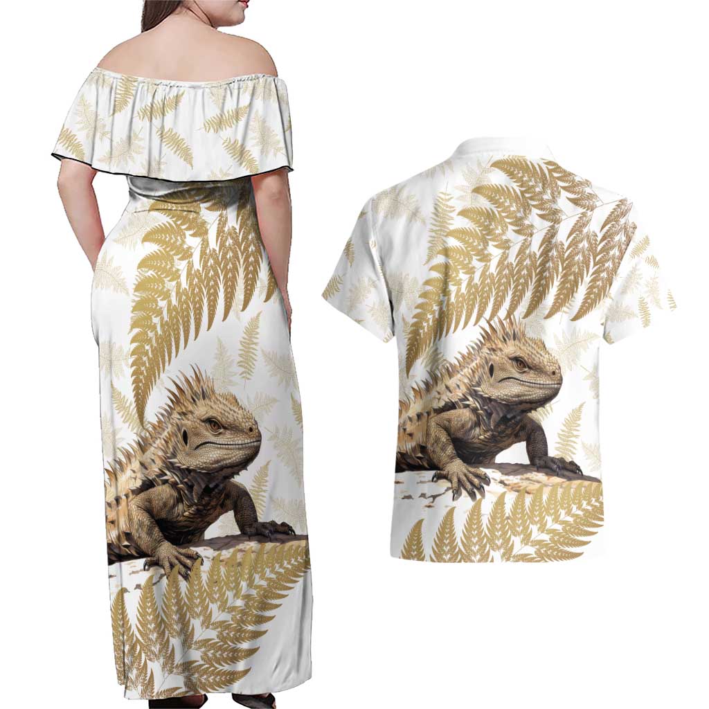 Gold New Zealand Tuatara Couples Matching Off Shoulder Maxi Dress and Hawaiian Shirt Aotearoa Sphenodon Punctatus Silver Fern LT14 - Polynesian Pride