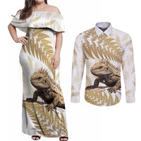 Gold New Zealand Tuatara Couples Matching Off Shoulder Maxi Dress and Long Sleeve Button Shirt Aotearoa Sphenodon Punctatus Silver Fern LT14 Gold - Polynesian Pride