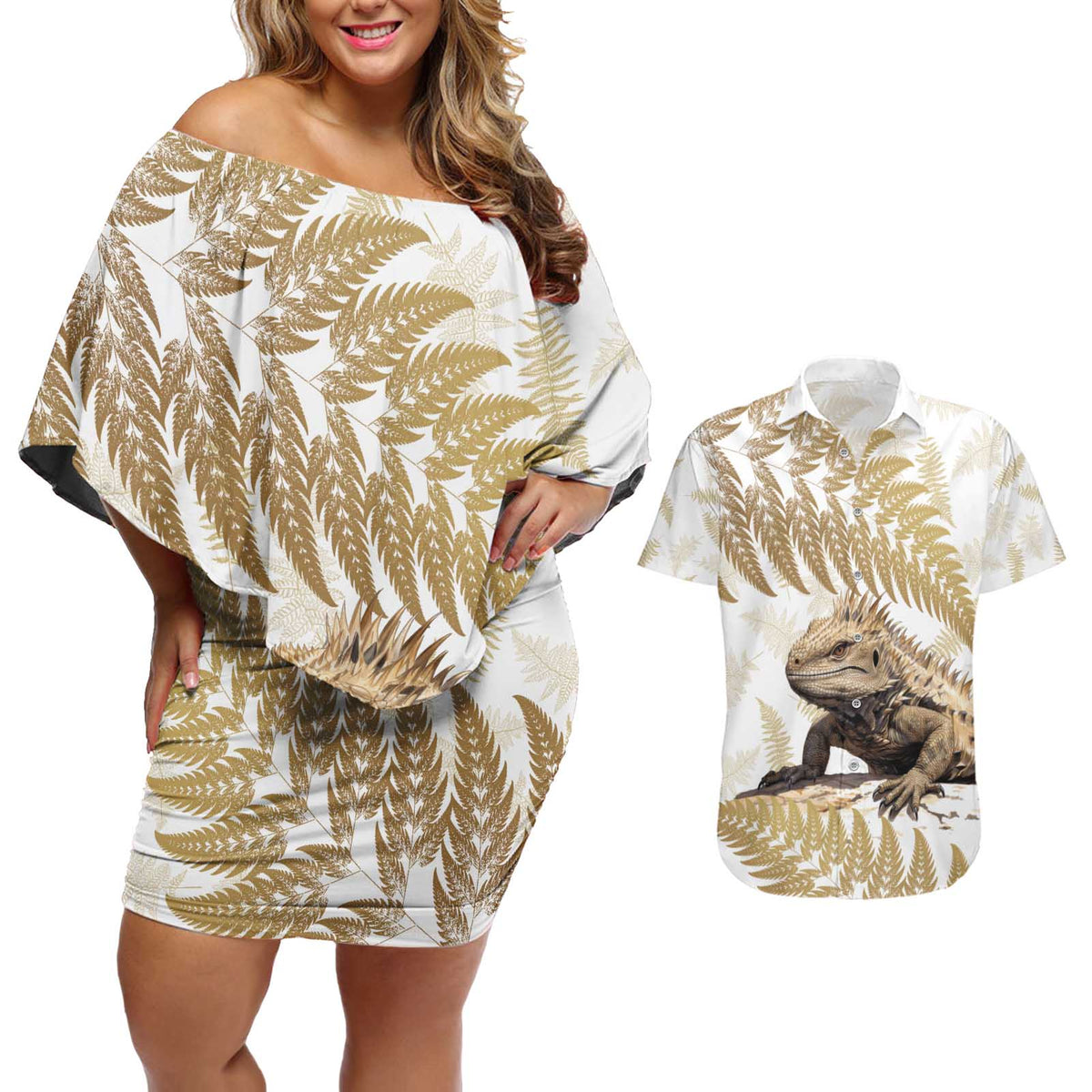 Gold New Zealand Tuatara Couples Matching Off Shoulder Short Dress and Hawaiian Shirt Aotearoa Sphenodon Punctatus Silver Fern LT14 Gold - Polynesian Pride