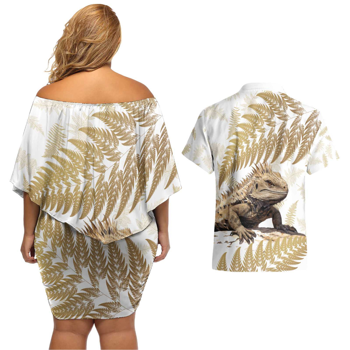 Gold New Zealand Tuatara Couples Matching Off Shoulder Short Dress and Hawaiian Shirt Aotearoa Sphenodon Punctatus Silver Fern LT14 - Polynesian Pride