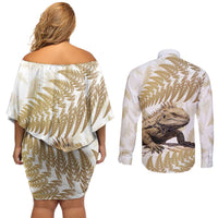Gold New Zealand Tuatara Couples Matching Off Shoulder Short Dress and Long Sleeve Button Shirt Aotearoa Sphenodon Punctatus Silver Fern LT14 - Polynesian Pride