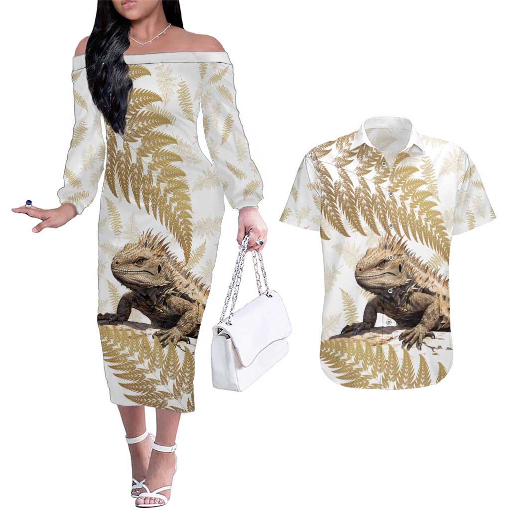 Gold New Zealand Tuatara Couples Matching Off The Shoulder Long Sleeve Dress and Hawaiian Shirt Aotearoa Sphenodon Punctatus Silver Fern LT14 Gold - Polynesian Pride