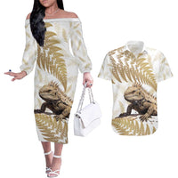 Gold New Zealand Tuatara Couples Matching Off The Shoulder Long Sleeve Dress and Hawaiian Shirt Aotearoa Sphenodon Punctatus Silver Fern LT14 Gold - Polynesian Pride