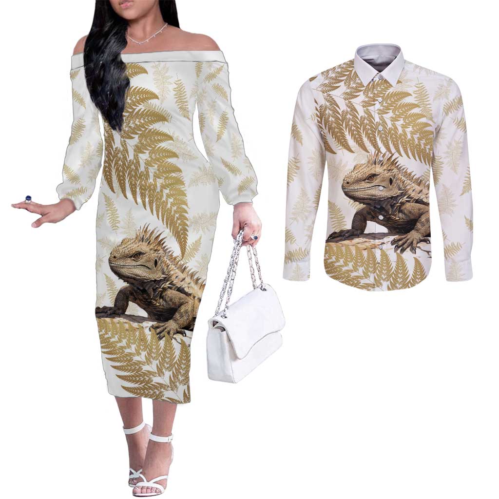 Gold New Zealand Tuatara Couples Matching Off The Shoulder Long Sleeve Dress and Long Sleeve Button Shirt Aotearoa Sphenodon Punctatus Silver Fern LT14 Gold - Polynesian Pride