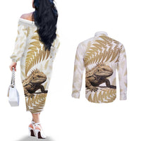 Gold New Zealand Tuatara Couples Matching Off The Shoulder Long Sleeve Dress and Long Sleeve Button Shirt Aotearoa Sphenodon Punctatus Silver Fern LT14 - Polynesian Pride