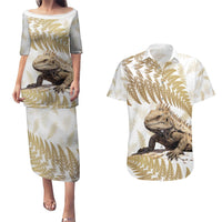 Gold New Zealand Tuatara Couples Matching Puletasi and Hawaiian Shirt Aotearoa Sphenodon Punctatus Silver Fern LT14 Gold - Polynesian Pride