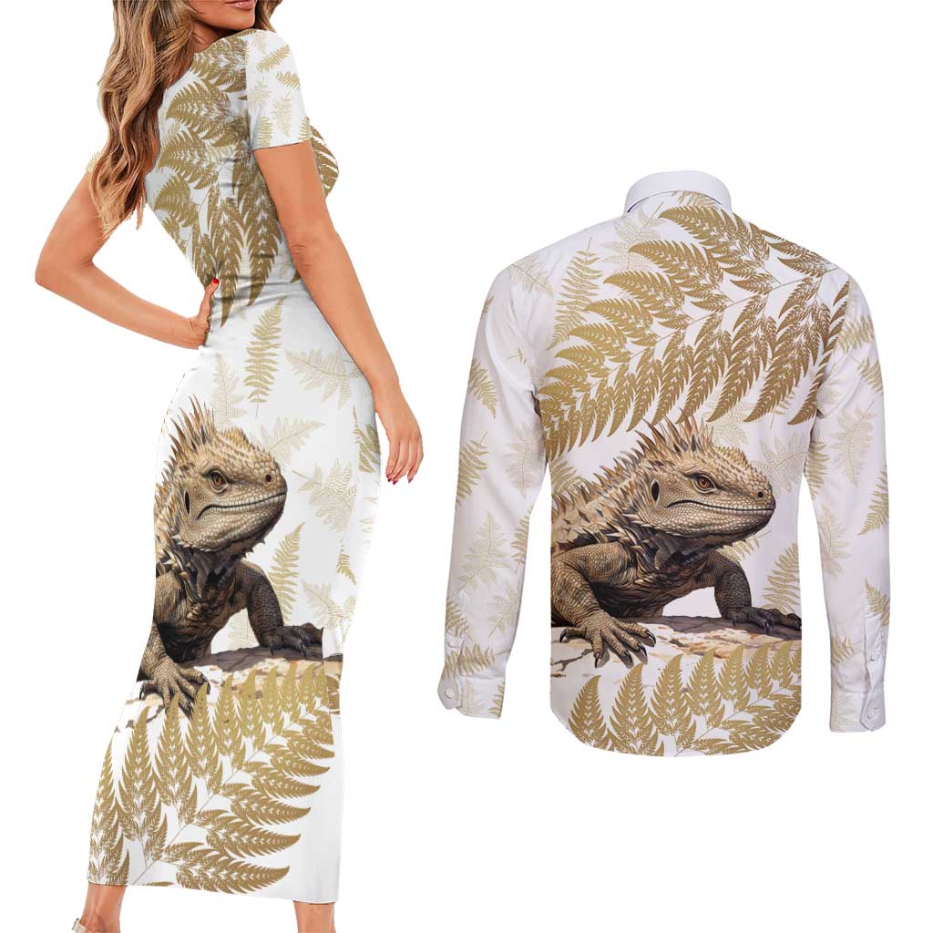 Gold New Zealand Tuatara Couples Matching Short Sleeve Bodycon Dress and Long Sleeve Button Shirt Aotearoa Sphenodon Punctatus Silver Fern LT14 - Polynesian Pride