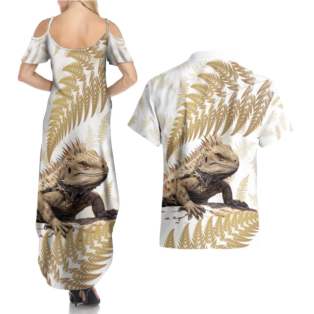 Gold New Zealand Tuatara Couples Matching Summer Maxi Dress and Hawaiian Shirt Aotearoa Sphenodon Punctatus Silver Fern LT14 - Polynesian Pride