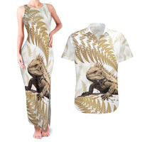 Gold New Zealand Tuatara Couples Matching Tank Maxi Dress and Hawaiian Shirt Aotearoa Sphenodon Punctatus Silver Fern LT14 Gold - Polynesian Pride