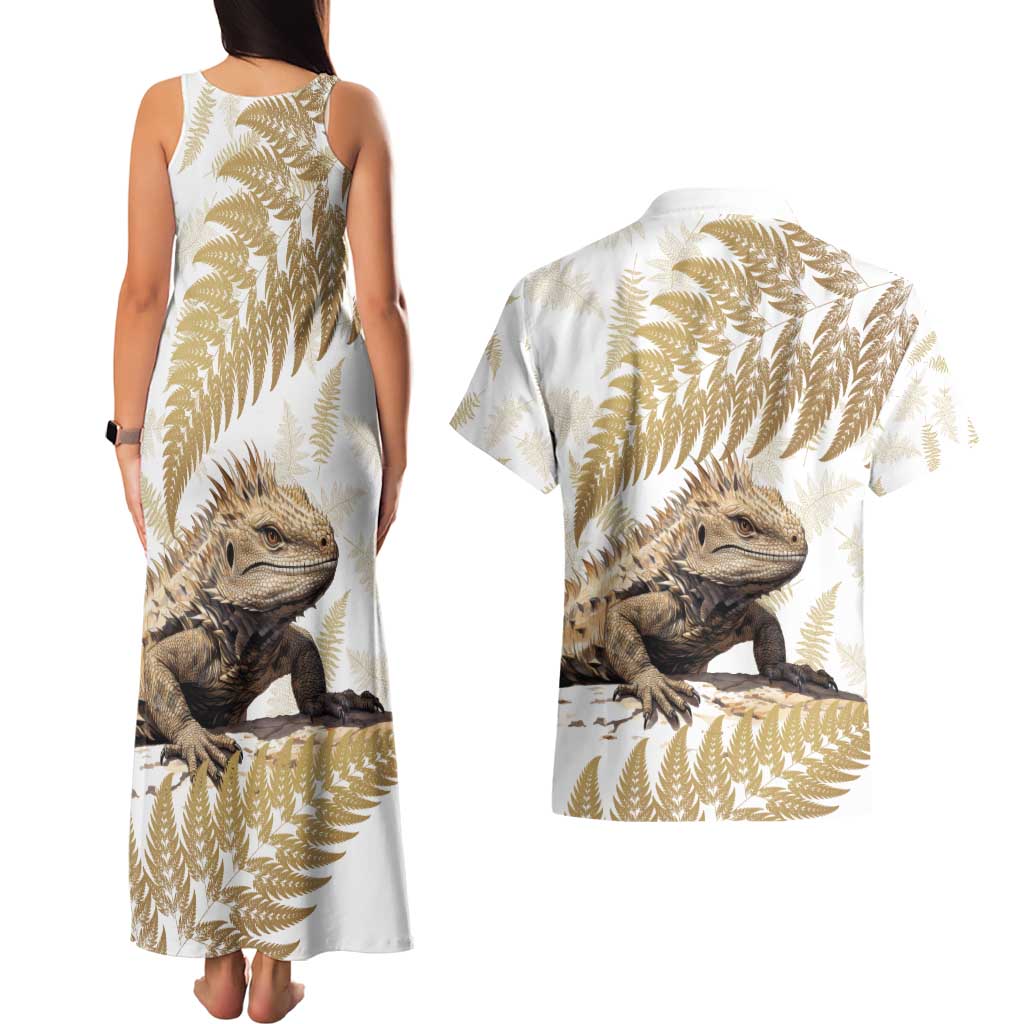 Gold New Zealand Tuatara Couples Matching Tank Maxi Dress and Hawaiian Shirt Aotearoa Sphenodon Punctatus Silver Fern LT14 - Polynesian Pride