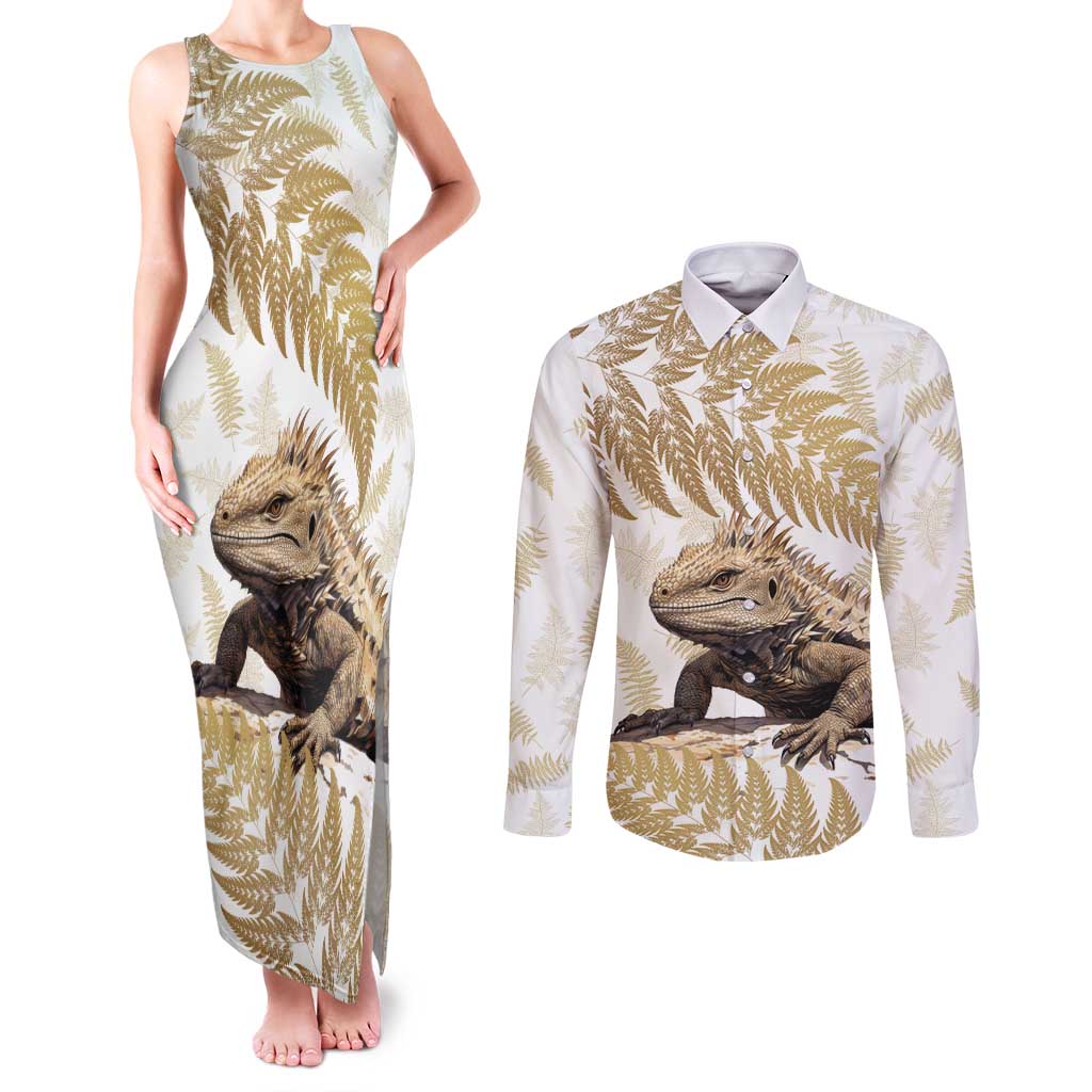 Gold New Zealand Tuatara Couples Matching Tank Maxi Dress and Long Sleeve Button Shirt Aotearoa Sphenodon Punctatus Silver Fern LT14 Gold - Polynesian Pride