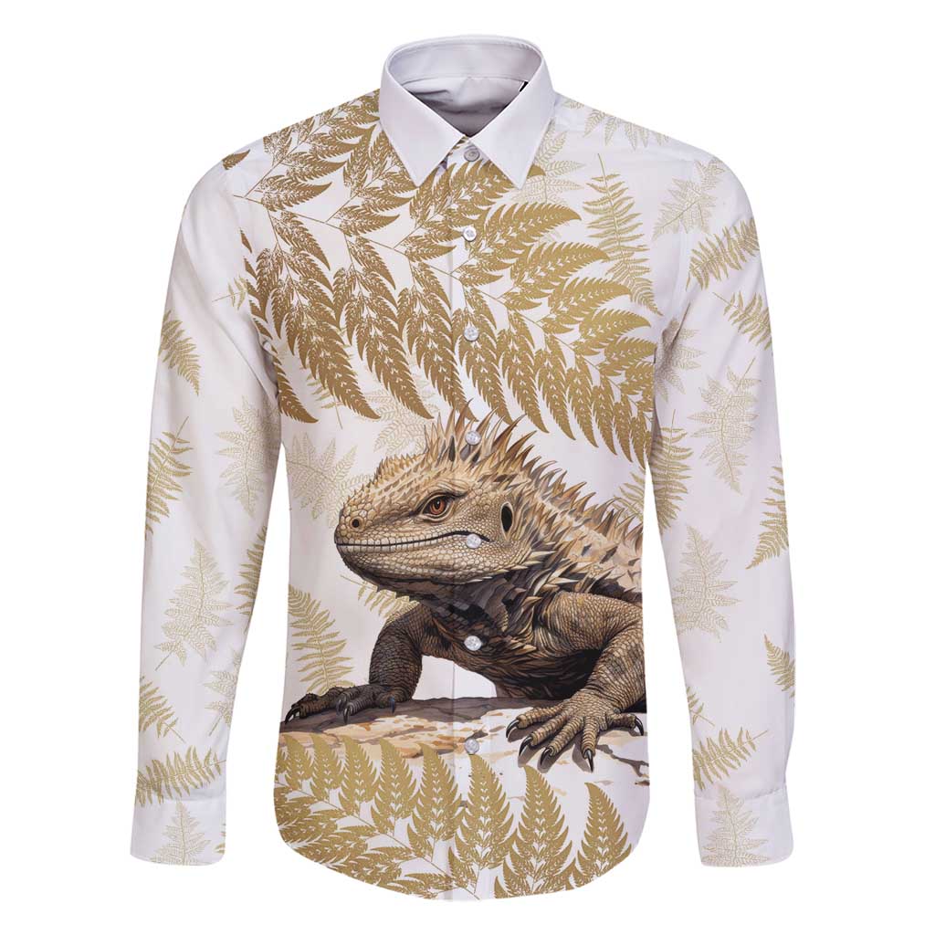 Gold New Zealand Tuatara Family Matching Mermaid Dress and Hawaiian Shirt Aotearoa Sphenodon Punctatus Silver Fern LT14 Dad's Shirt - Long Sleeve Gold - Polynesian Pride