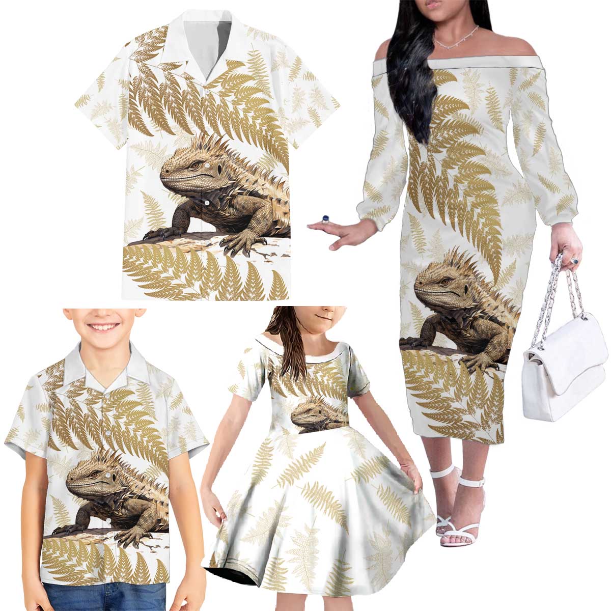 Gold New Zealand Tuatara Family Matching Off The Shoulder Long Sleeve Dress and Hawaiian Shirt Aotearoa Sphenodon Punctatus Silver Fern LT14 - Polynesian Pride