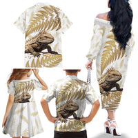 Gold New Zealand Tuatara Family Matching Off The Shoulder Long Sleeve Dress and Hawaiian Shirt Aotearoa Sphenodon Punctatus Silver Fern LT14 - Polynesian Pride