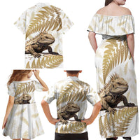 Gold New Zealand Tuatara Family Matching Off Shoulder Maxi Dress and Hawaiian Shirt Aotearoa Sphenodon Punctatus Silver Fern LT14 - Polynesian Pride