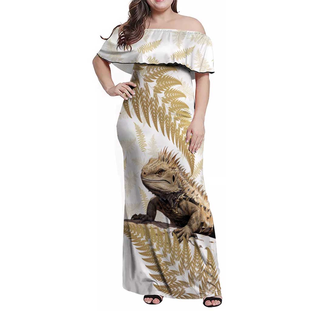 Gold New Zealand Tuatara Family Matching Off Shoulder Maxi Dress and Hawaiian Shirt Aotearoa Sphenodon Punctatus Silver Fern LT14 Mom's Dress Gold - Polynesian Pride