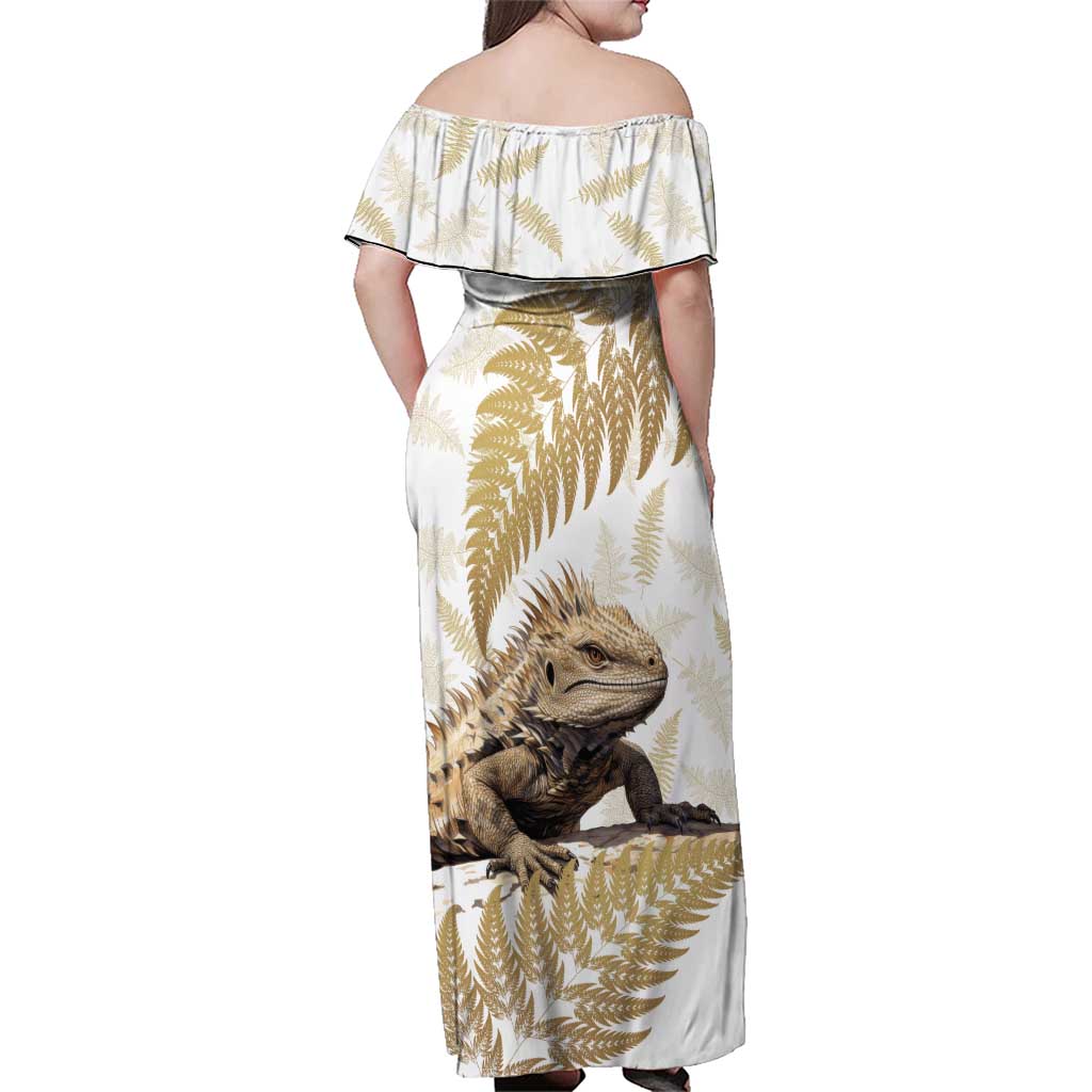 Gold New Zealand Tuatara Family Matching Off Shoulder Maxi Dress and Hawaiian Shirt Aotearoa Sphenodon Punctatus Silver Fern LT14 - Polynesian Pride