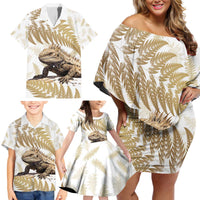 Gold New Zealand Tuatara Family Matching Off Shoulder Short Dress and Hawaiian Shirt Aotearoa Sphenodon Punctatus Silver Fern LT14 - Polynesian Pride
