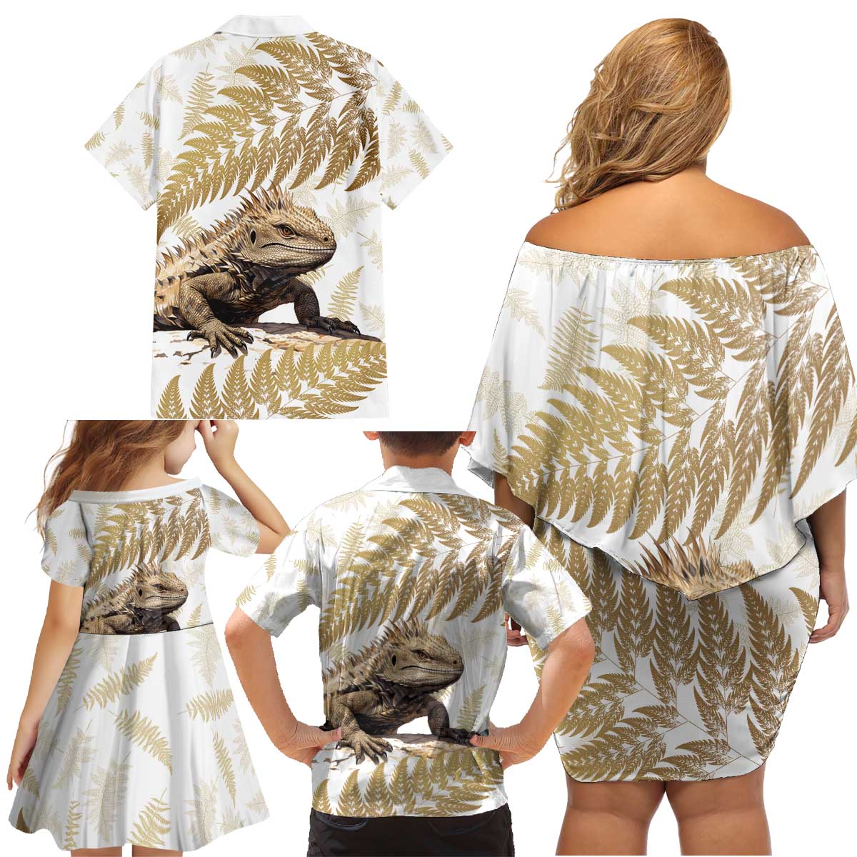 Gold New Zealand Tuatara Family Matching Off Shoulder Short Dress and Hawaiian Shirt Aotearoa Sphenodon Punctatus Silver Fern LT14 - Polynesian Pride