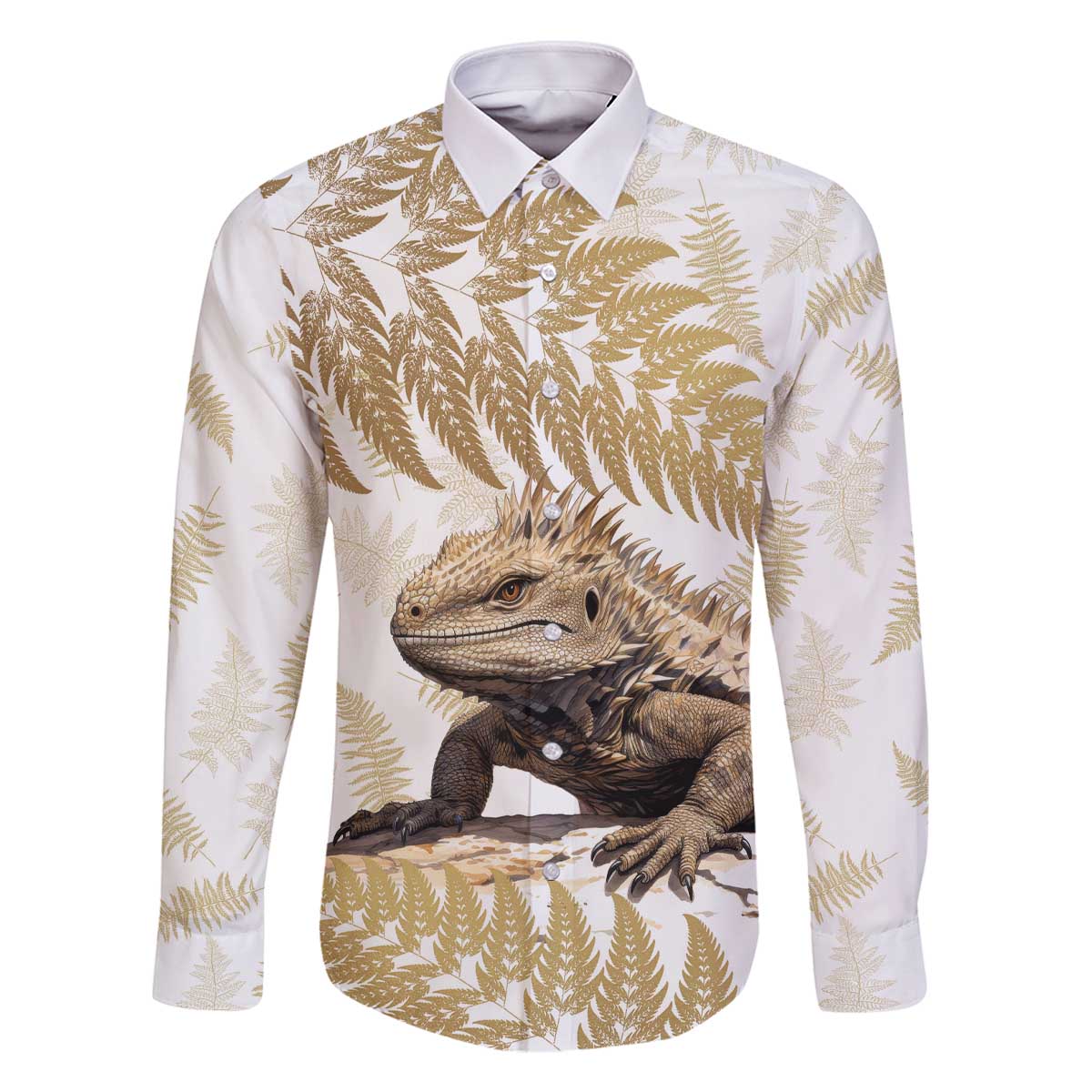 Gold New Zealand Tuatara Family Matching Off Shoulder Short Dress and Hawaiian Shirt Aotearoa Sphenodon Punctatus Silver Fern LT14 Dad's Shirt - Long Sleeve Gold - Polynesian Pride