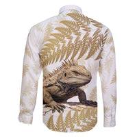Gold New Zealand Tuatara Family Matching Off Shoulder Short Dress and Hawaiian Shirt Aotearoa Sphenodon Punctatus Silver Fern LT14 - Polynesian Pride