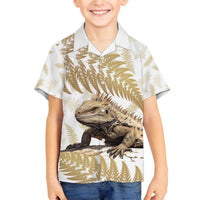Gold New Zealand Tuatara Family Matching Off Shoulder Short Dress and Hawaiian Shirt Aotearoa Sphenodon Punctatus Silver Fern LT14 Son's Shirt Gold - Polynesian Pride