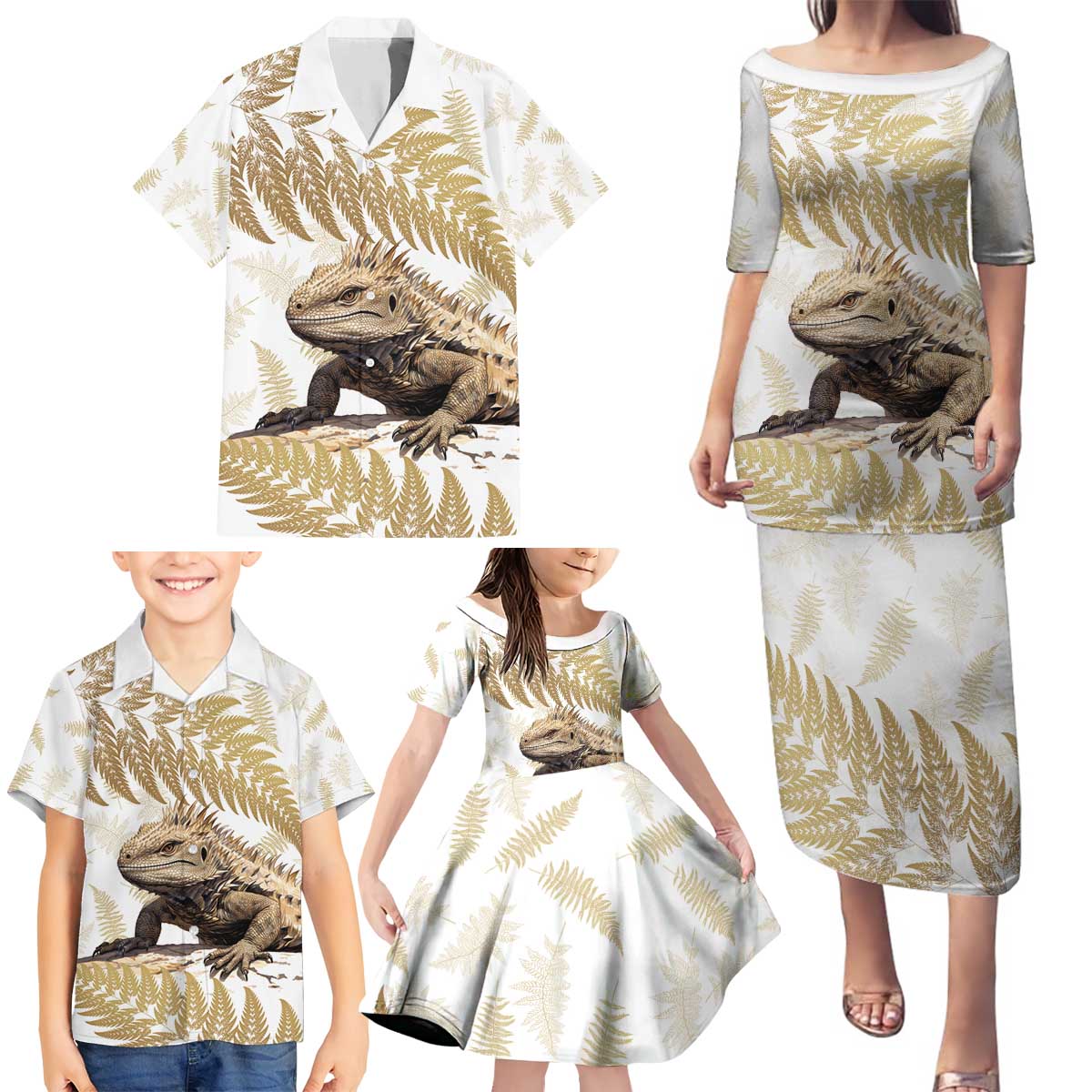 Gold New Zealand Tuatara Family Matching Puletasi and Hawaiian Shirt Aotearoa Sphenodon Punctatus Silver Fern LT14 - Polynesian Pride